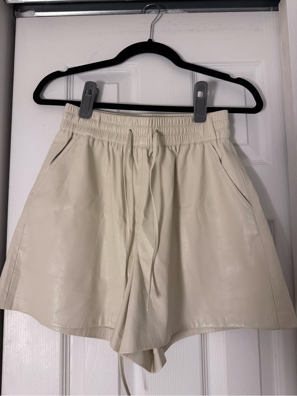 Good American Cream Faux Leather High-Waist Drawstring Shorts